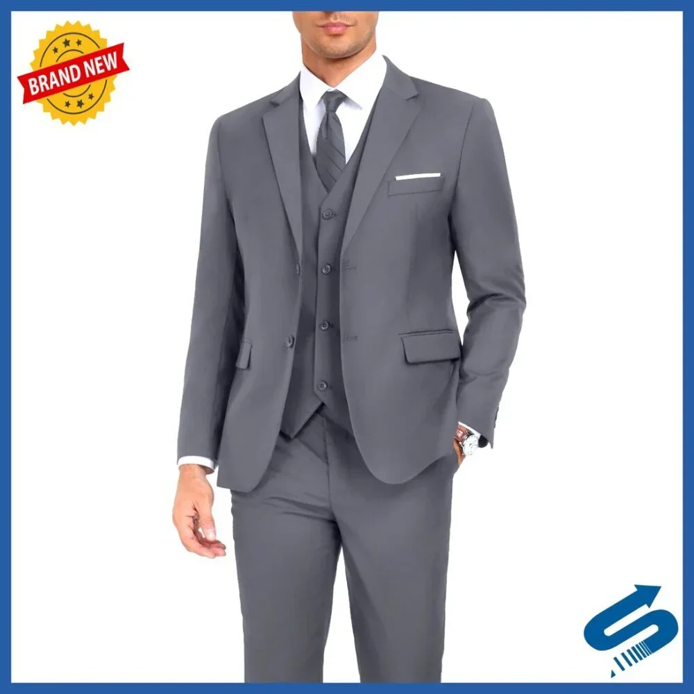Slim Fit 3-Piece Suit Set with Vest & Tie for Business Wedding Formal